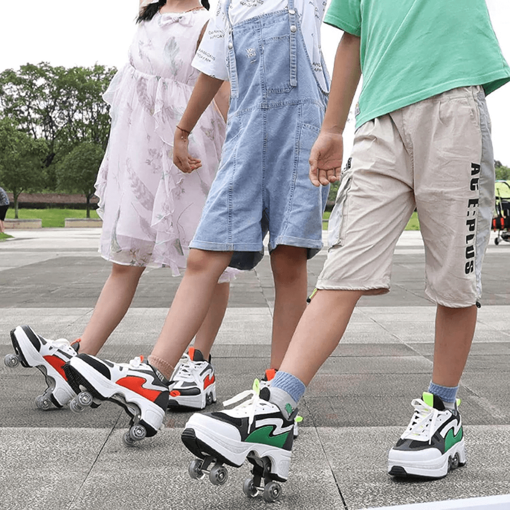 Group skating scene with shoes with wheels for adults