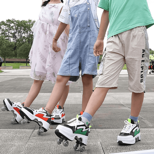 Group skating scene with shoes with wheels for adults