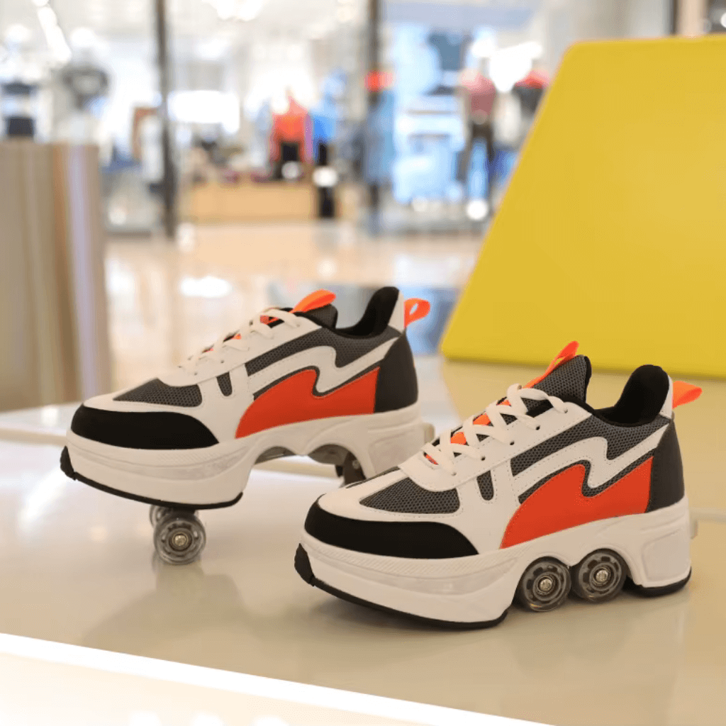 Display of orange roller sneakers with wheels in mall, stylish shoes for teens, women, and men