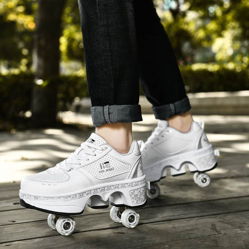 white sneakers with pop up wheels