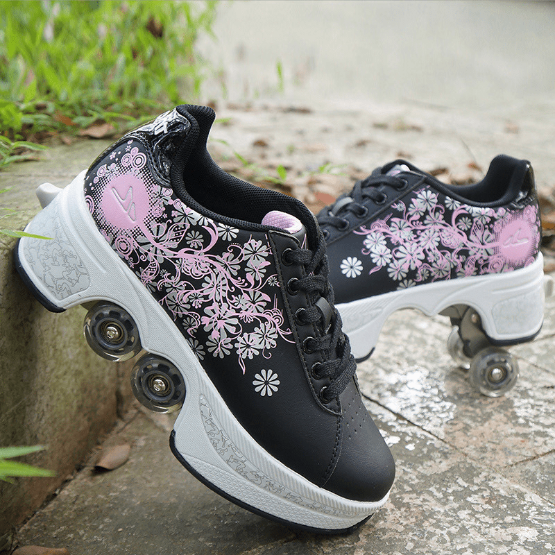 outdoor photo of black Kick Speed roller skate shoes with floral pattern and retractable wheels