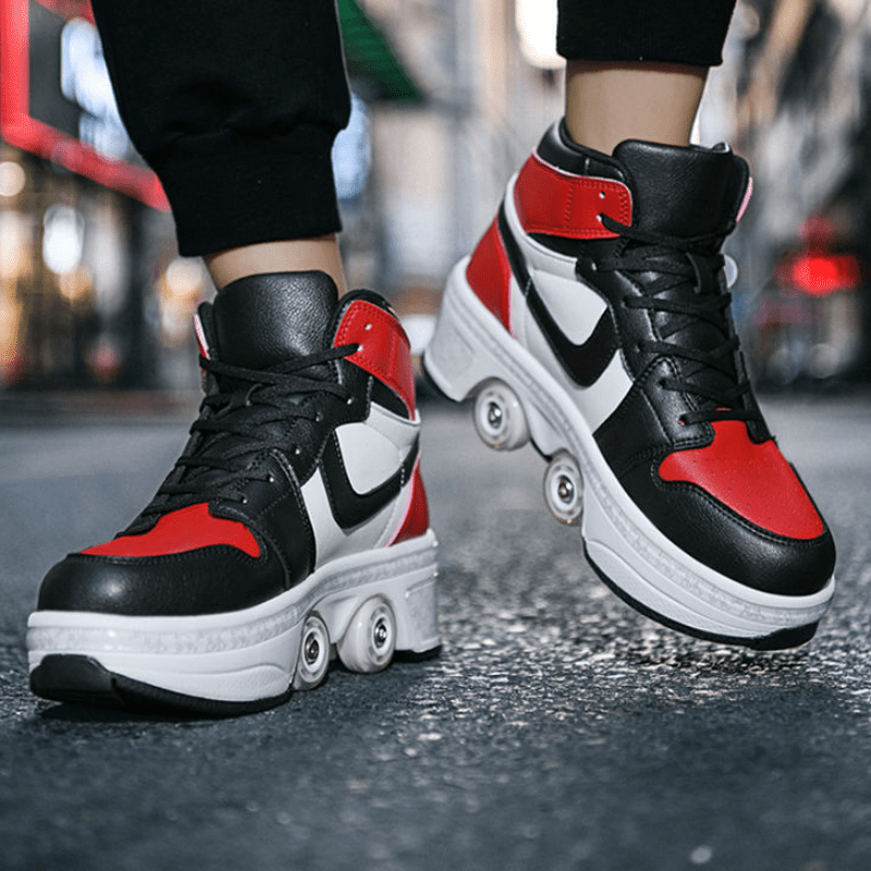 urban skating scene with black and white retractable roller sneakers for adults