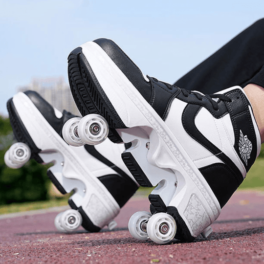 street photo of black and white roller skate shoes with visible pop-out wheels