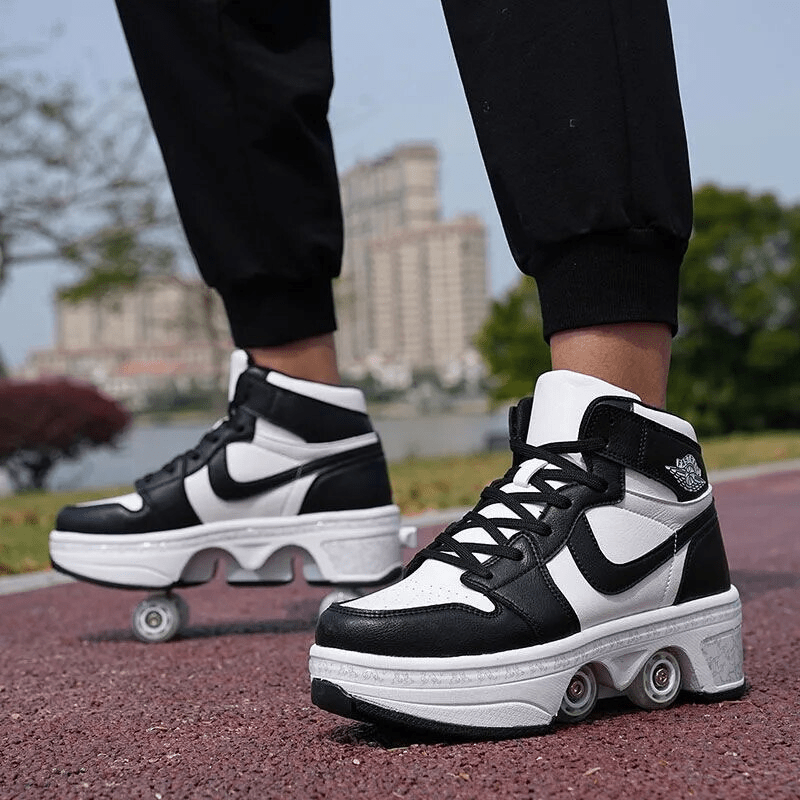 outdoor movement shot of black and white roller skate shoes for adults inspired by nike