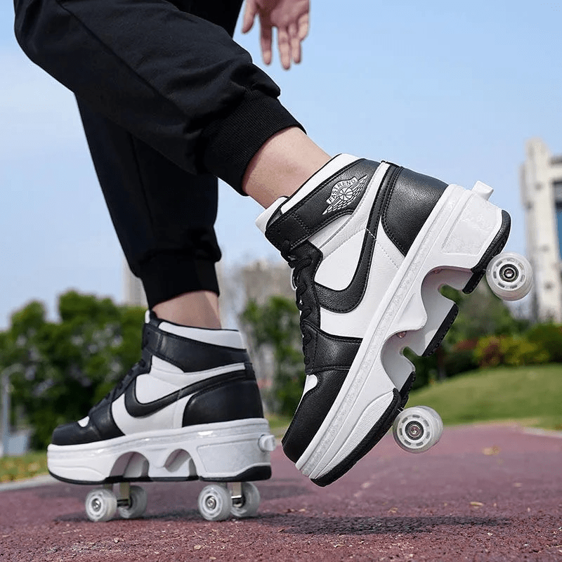 low angle lifestyle photo of kick speed nike roller skate shoes in motion on track
