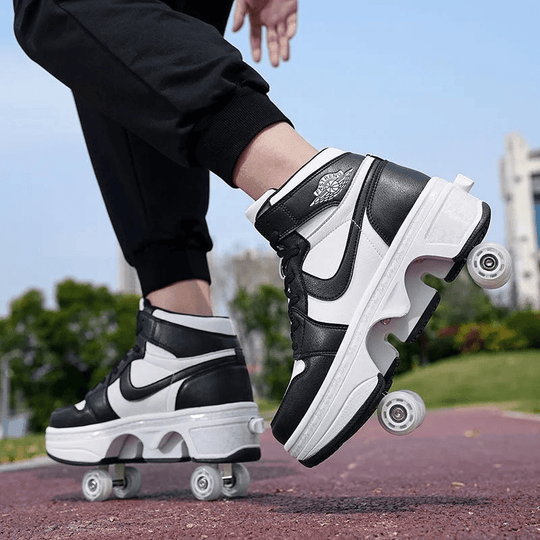 low angle lifestyle photo of kick speed nike roller skate shoes in motion on track