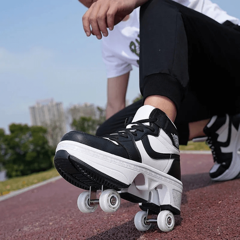 man skating outdoors wearing black and red inspired by nike roller shoes for adults