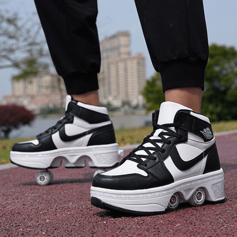 black roller skate sneakers side view on outdoor pavement