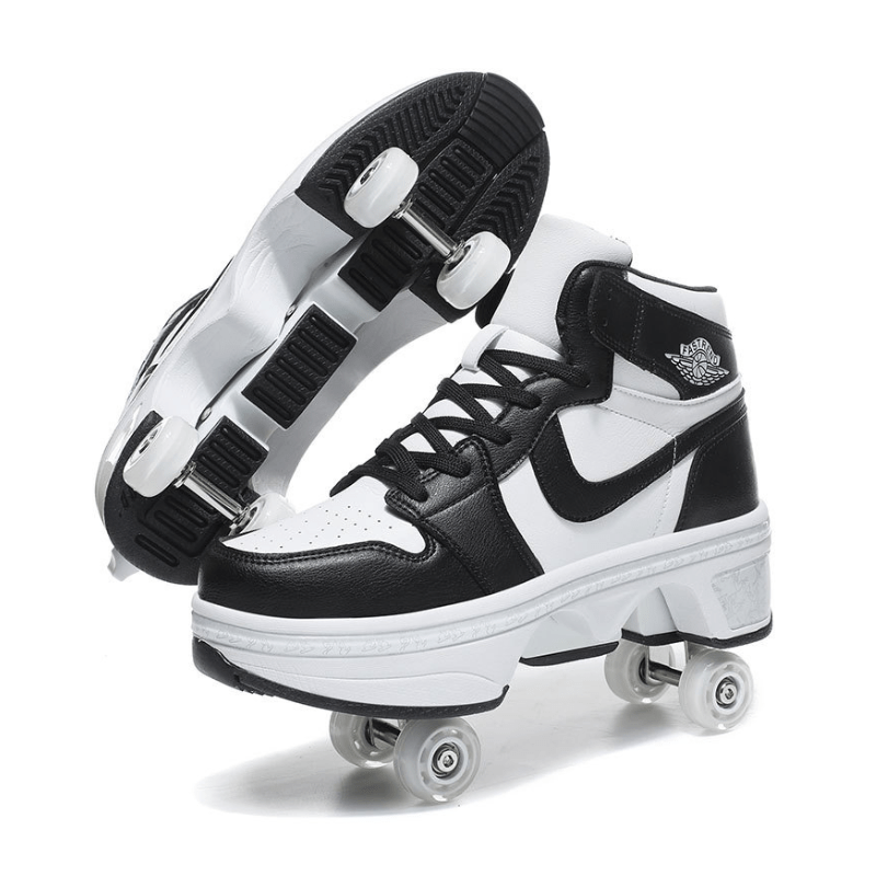 black and white high-top roller skate sneakers, studio photo with visible wheels