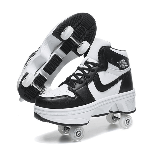 black and white high-top roller skate sneakers, studio photo with visible wheels