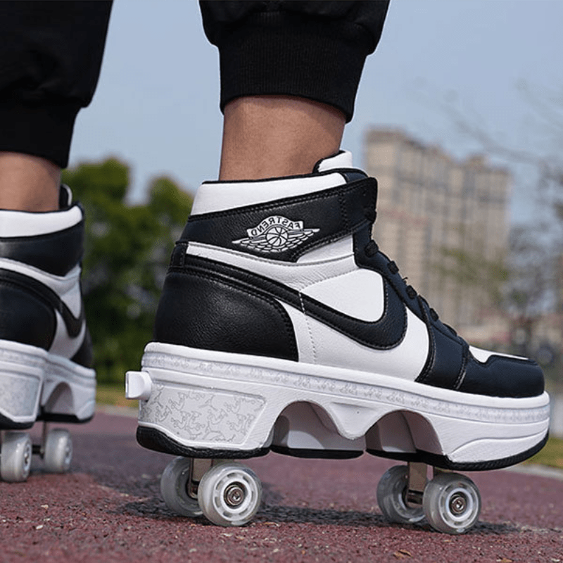 man skating in black kick speed roller skate shoes, daylight city street view