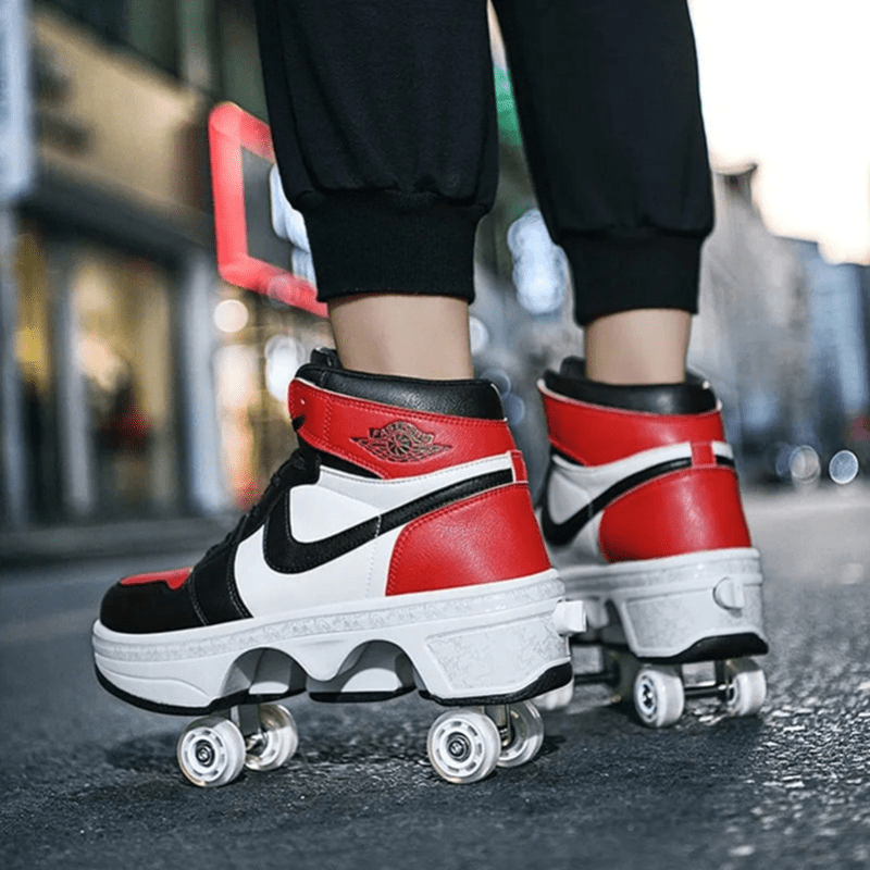 red and black kick air mid roller skate sneakers worn outdoors, urban lifestyle photo