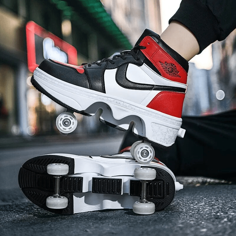 kick speed roller shoes red and black variant, bottom view showing retractable wheels