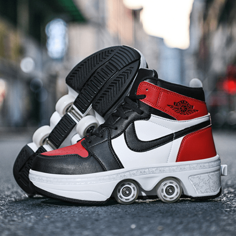 street-style roller skate shoes for adults, red and black design photographed on city pavement
