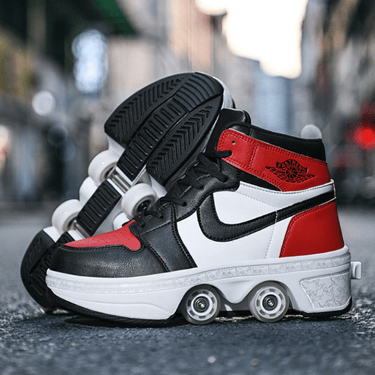 street-style roller skate shoes for adults, red and black design photographed on city pavement