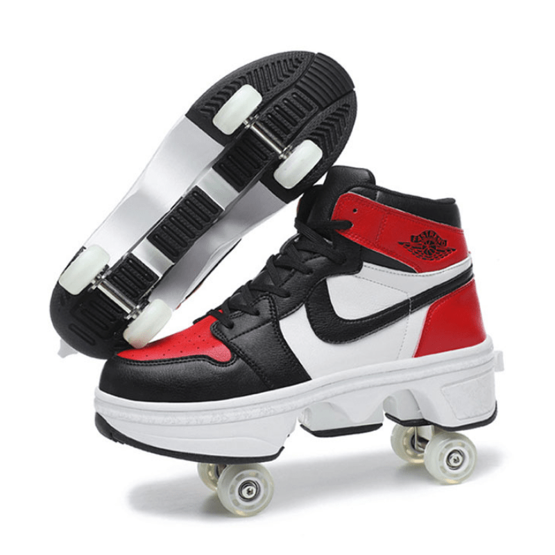 side angle of red and black kick speed shoes showing pop-out wheel system