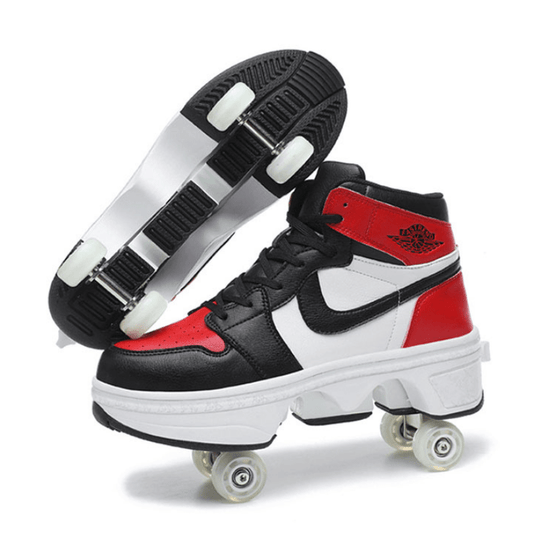 side angle of red and black kick speed shoes showing pop-out wheel system