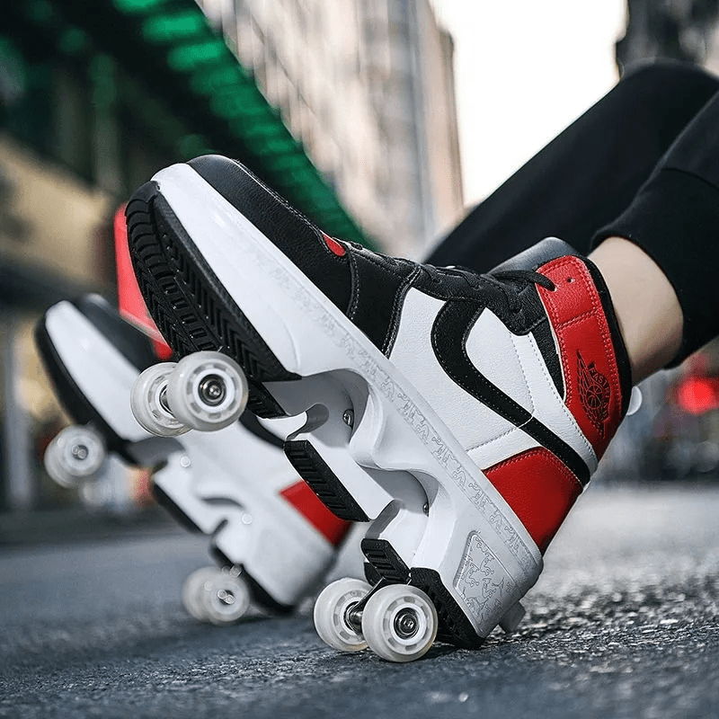 red and black kick air mid roller skate sneakers worn outdoors, urban lifestyle photo