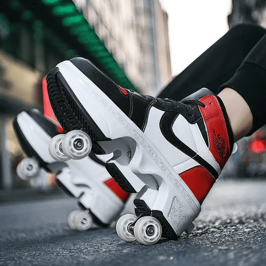 red and black kick air mid roller skate sneakers worn outdoors, urban lifestyle photo