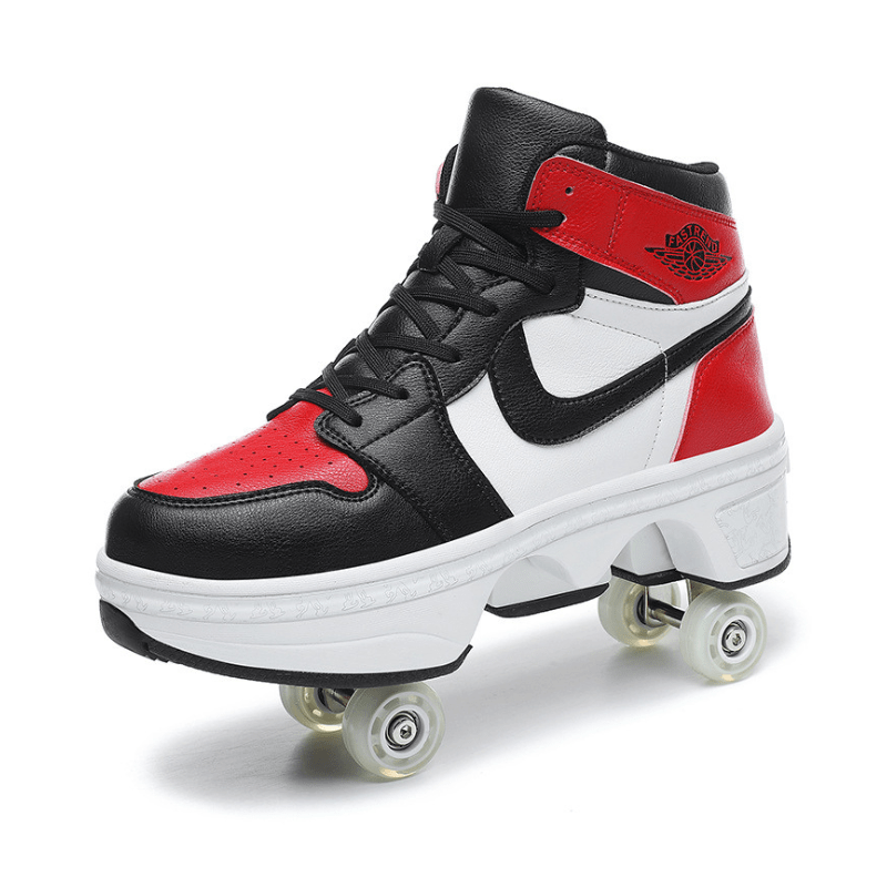 red roller skate shoes inspired by nike on white surface, sporty mid-top look