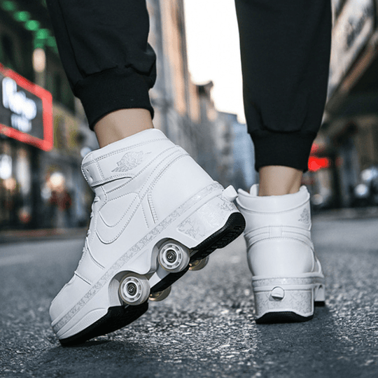 back angle of man wearing white roller shoes with retractable wheels in motion