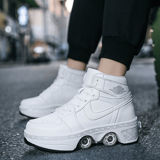 white kick speed roller shoes for adults, side view in city environment