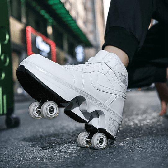 all-white kick air mid roller shoes, outdoor city pavement side view, pop-out wheels