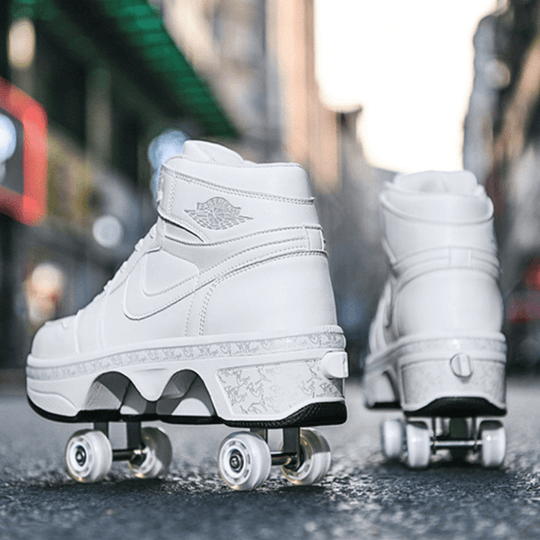 all-white kick speed roller skate shoes inspired by nike back view, double pair in city background