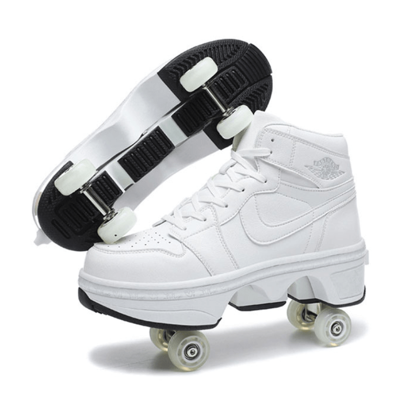 white roller skate sneakers photographed upright, minimal background composition