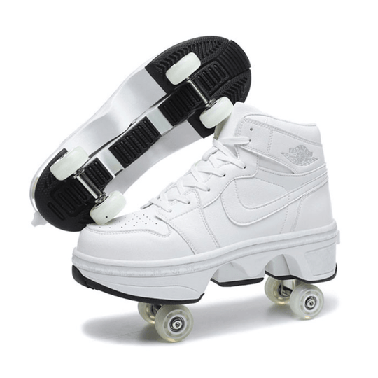 white roller skate sneakers photographed upright, minimal background composition