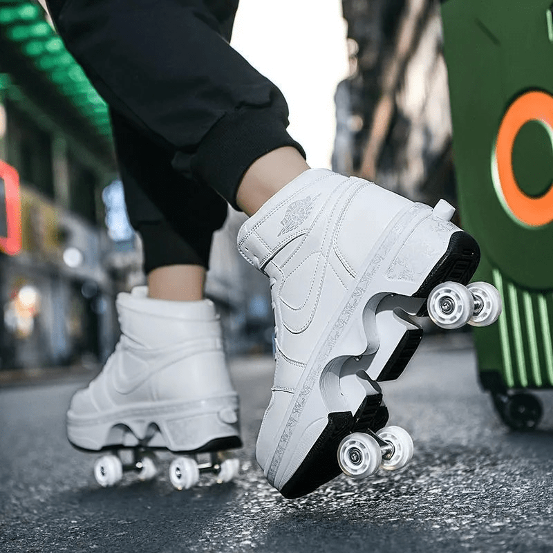side view of man skating in white kick air mid roller shoes on urban street,