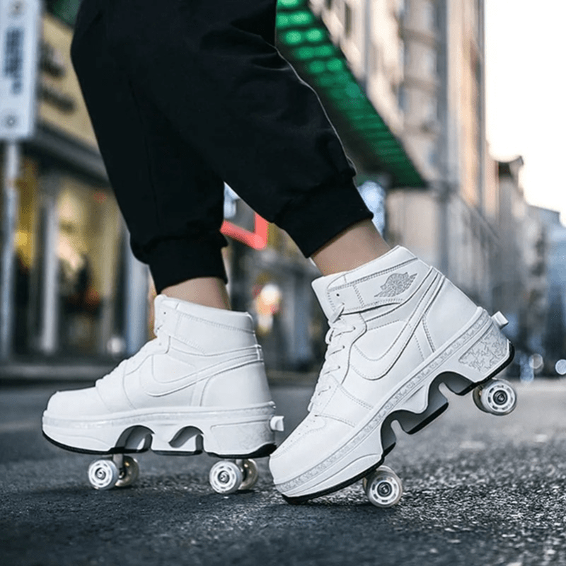 dynamic outdoor shot of white kick speed roller skate shoes in use inspired by nike
