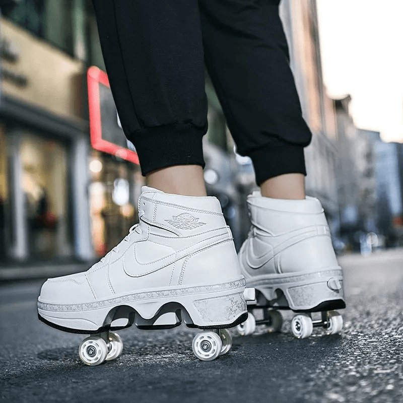 all-white kick speed roller sneakers for adults, side angle on city pavement