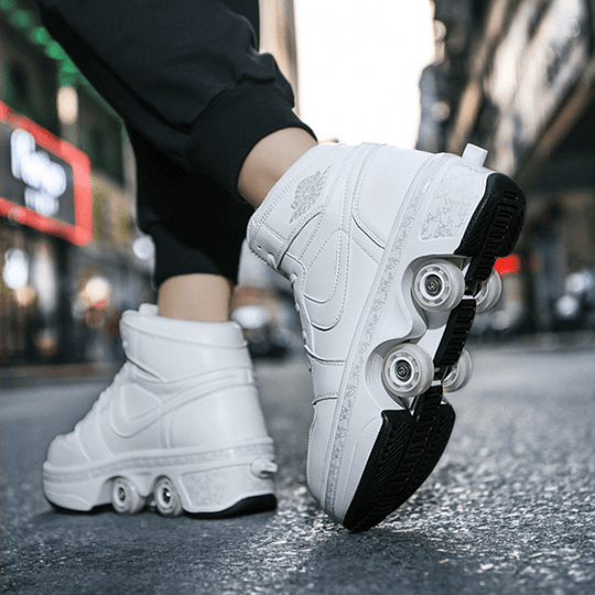 white kick speed roller sneakers for adults, side angle on city pavement