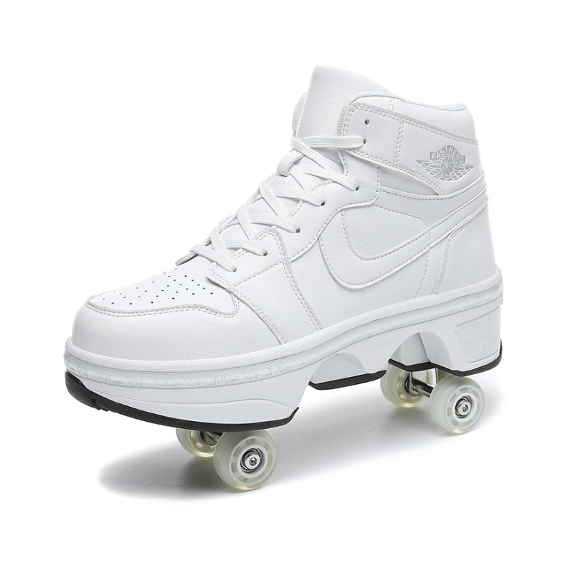 side view of white roller skate shoes, white background