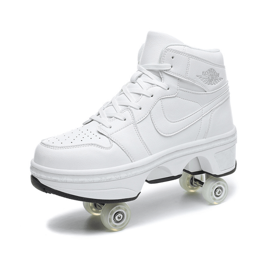 side view of white roller skate shoes, white background
