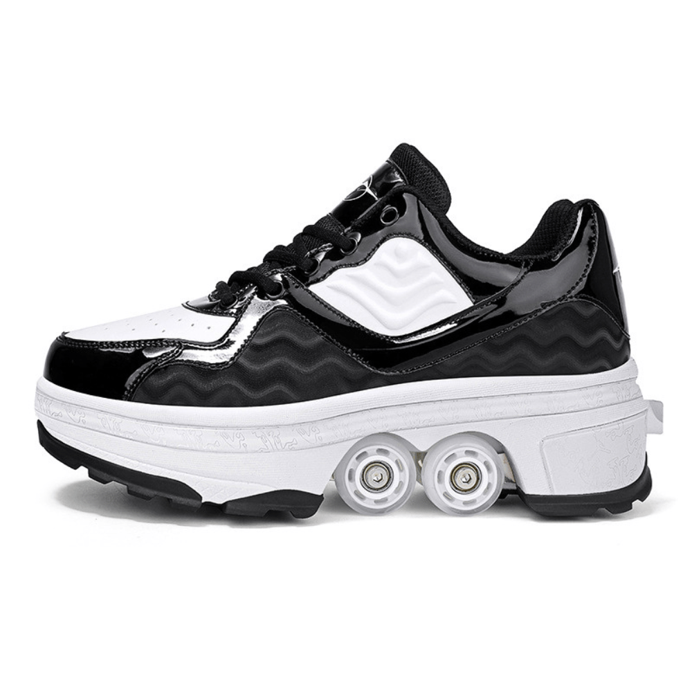 side view of black roller skate shoes with wheels for kids and adults