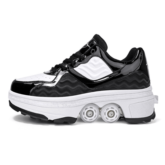 side view of black roller skate shoes with wheels for kids and adults
