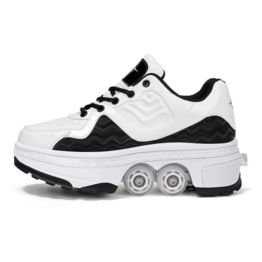 black and white Kick Speed Roller Skate Shoes, side view, premium retractable roller shoes for adults and kids