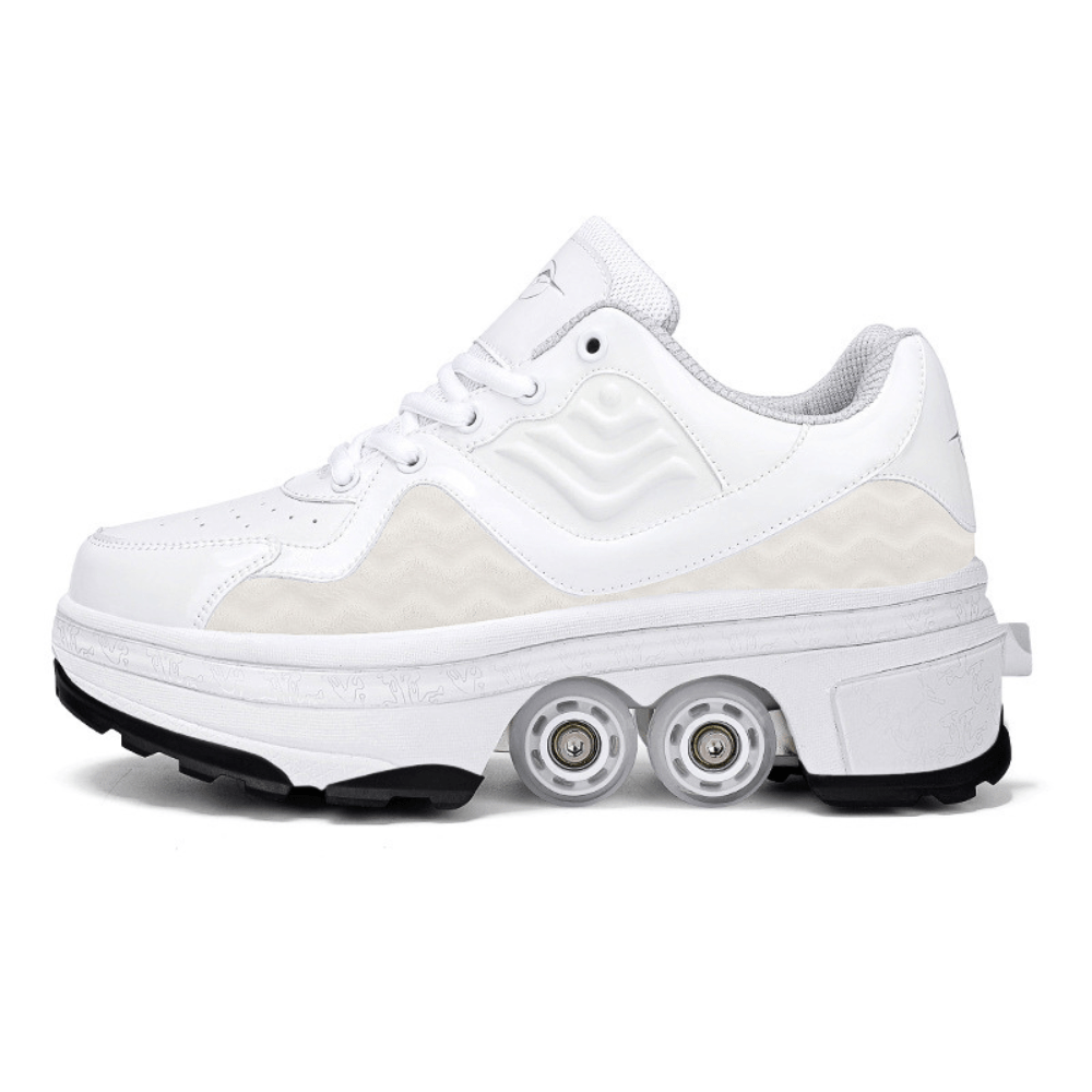 white Kick Speed shoes with wheels, retractable roller skate shoes with pop-out wheels
