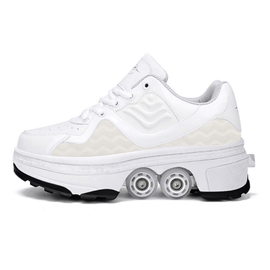 white Kick Speed shoes with wheels, retractable roller skate shoes with pop-out wheels