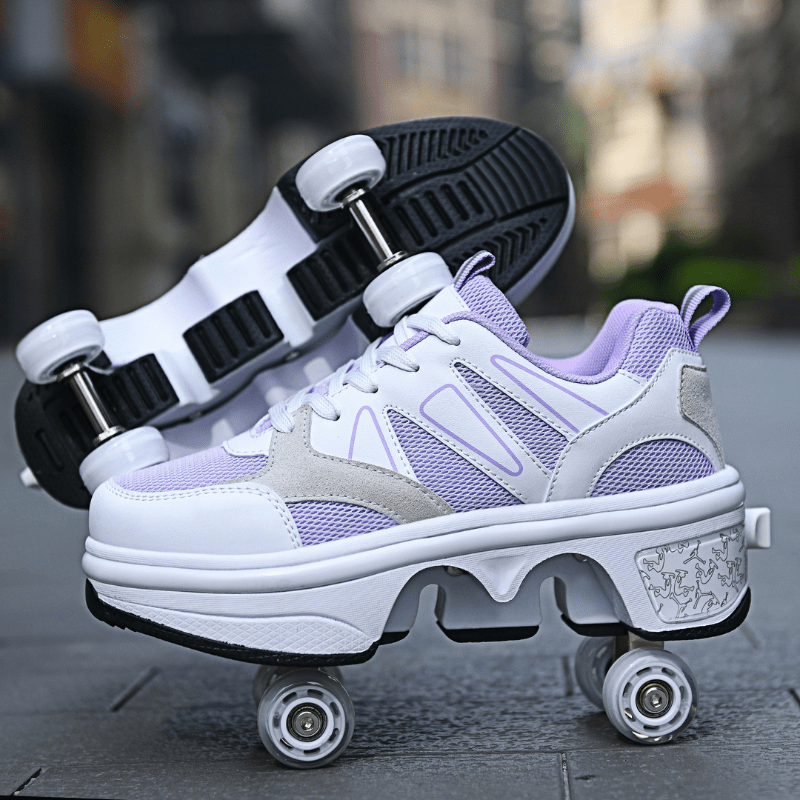 retractable wheel shoes in white and violet color for kids outdoor photo side view