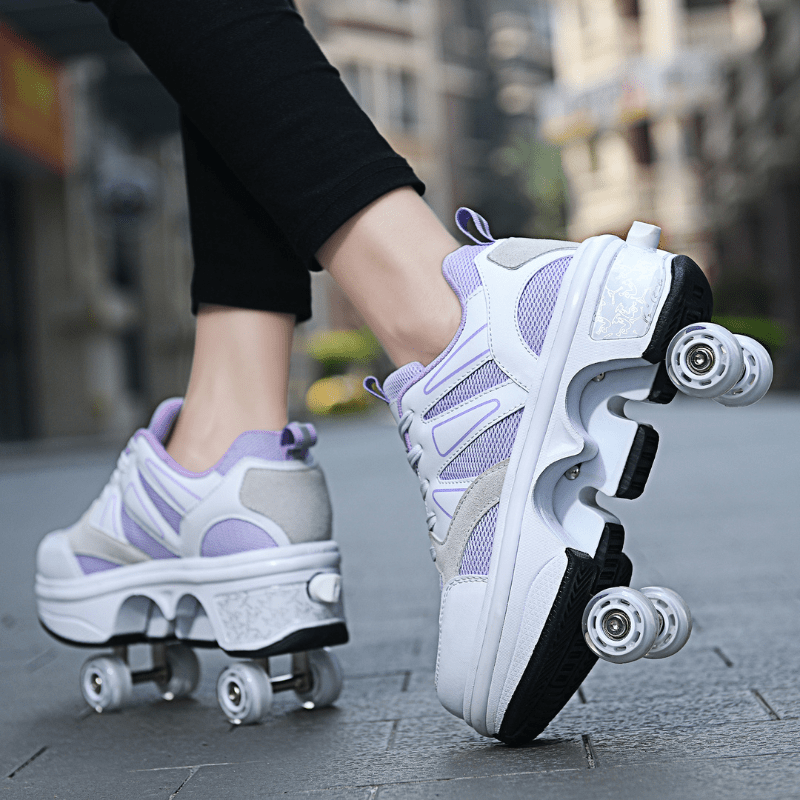 shoes with wheels for girls in violet and white design close-up view, outdoor photo