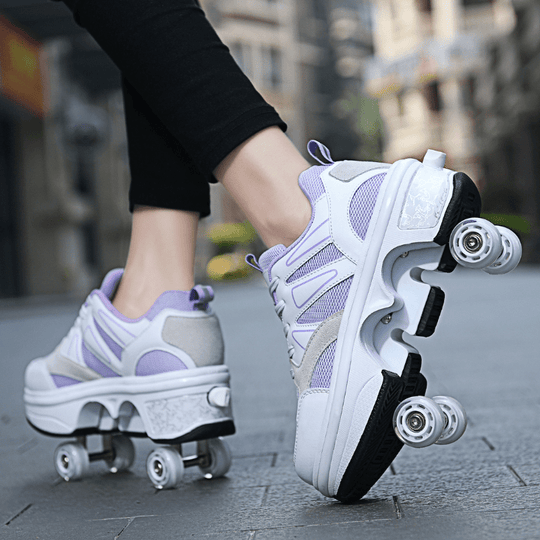 shoes with wheels for girls in violet and white design close-up view, outdoor photo