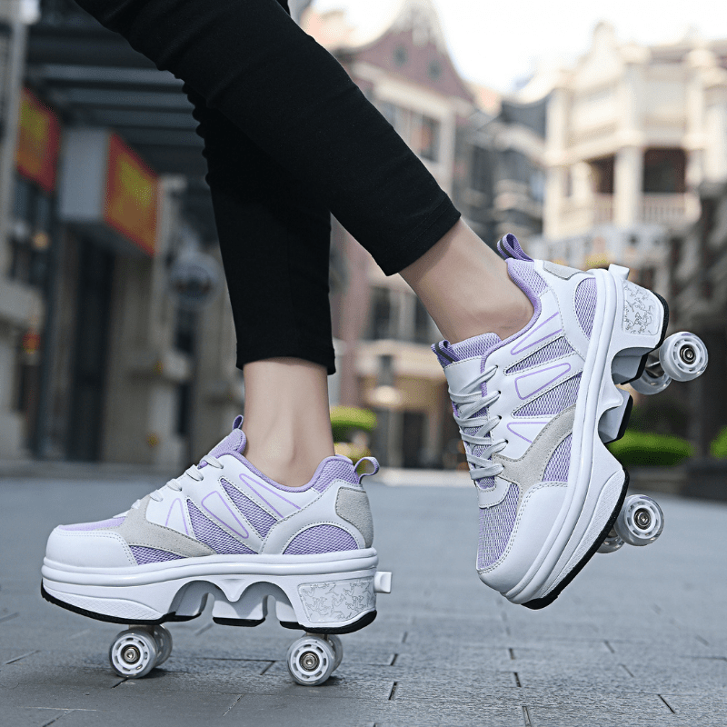 side view of Kick Speed shoes that turn into roller skates in white and violet color for kids outdoor lifestyle photo
