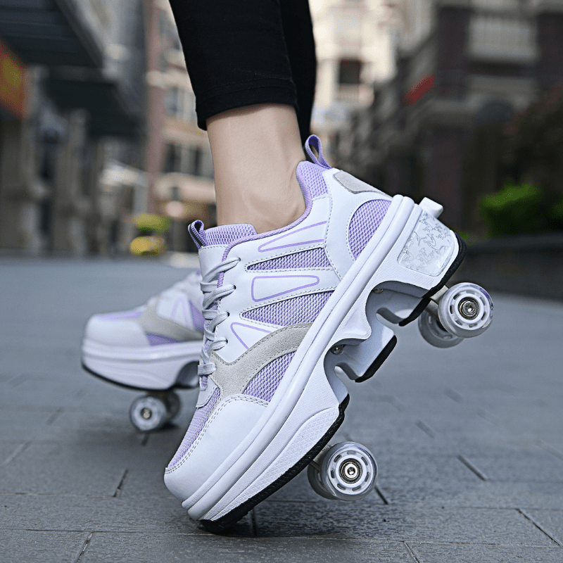 shoes with wheels for girls in violet and white design close-up view