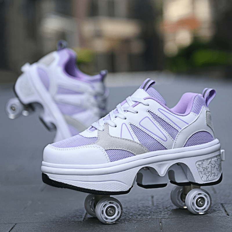 violet roller skate shoes with LED lights front side outdoor view