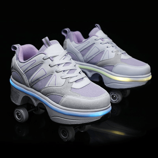 violet LED roller skate shoes glowing in the dark side view