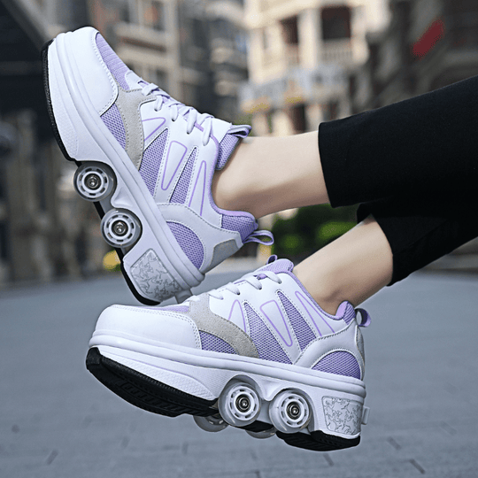 violet LED shoes with wheels for girls, urban street close-up side view, retractable roller skate shoes