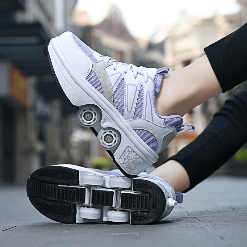 Kick Speed roller skate shoes with wheels showing sole and LED light stripe side and  bottom view